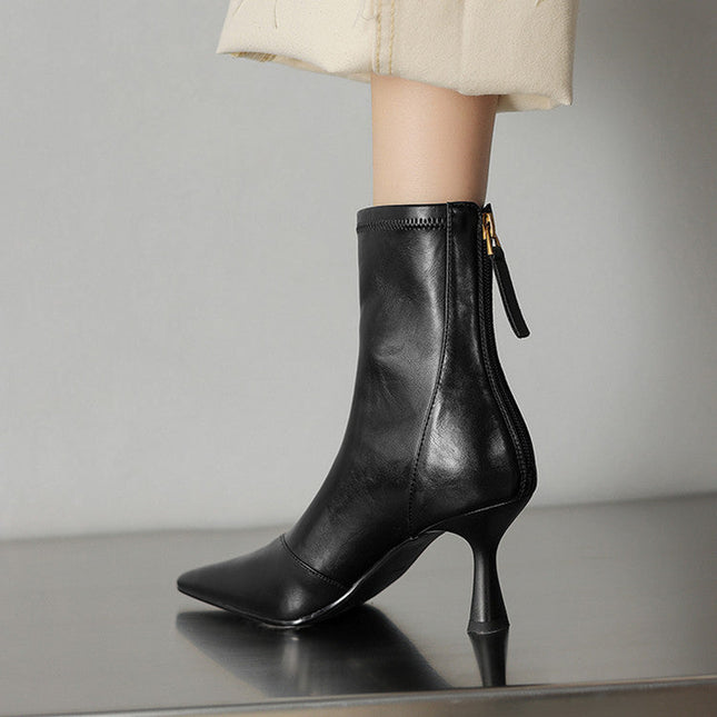 Women’s Cowhide Pointed Toe Stiletto Ankle Boots – Back Zipper High Heel Booties