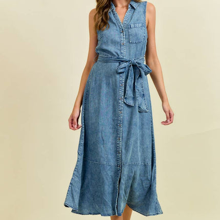 Denim Look Midi Dress with Tie Belt