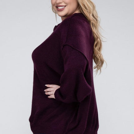 Plus Oversized Round Neck Raw Seam Melange Sweater