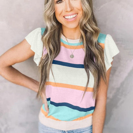 Multicolour Striped Colorblock Flutter Sleeve Knit