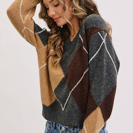 Charcoal Wine Camel  V-Neck Argyle Sweater