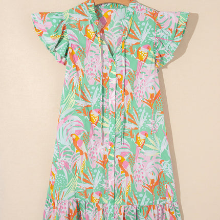 Luxury Abstract Floral Ruffle Trim Flutter Sleeve Buttoned Dress