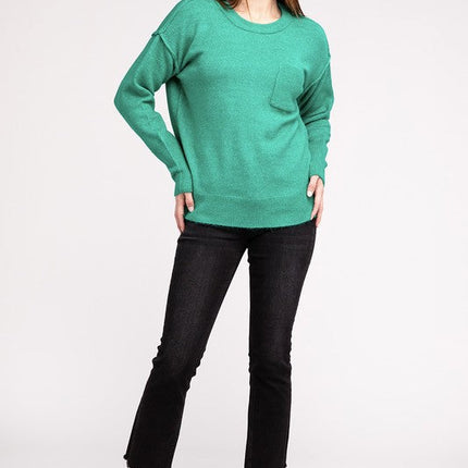 Melange Hi-Low Hem Round Neck Sweater