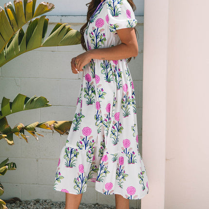 Luxury Floral Puff Short Sleeve V Neck High Waist Maxi Dress