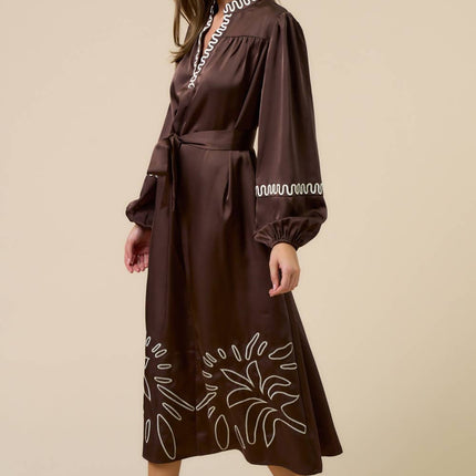 Brown Long Sleeve Embroidered Dress