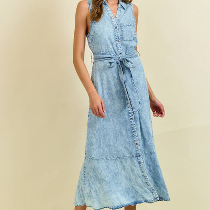 Denim Look Midi Dress with Tie Belt