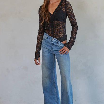 Black Lace V-Neck Button Down Bodysuit