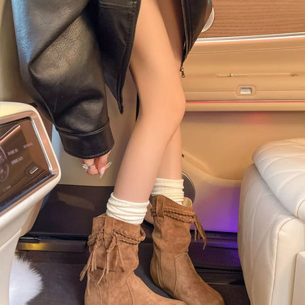 Suede Fringe Round Toe Boots with Block Heel