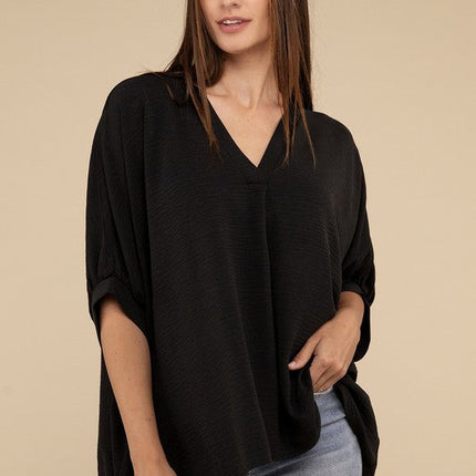 Woven Airflow V-Neck Puff Half Sleeve Top