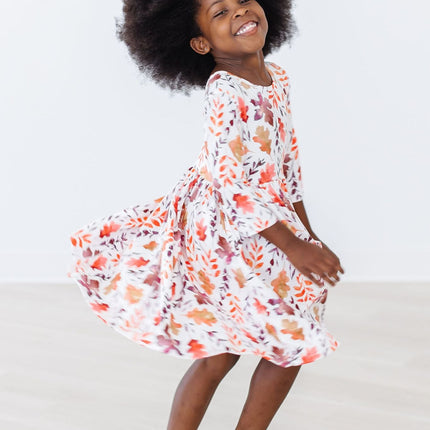 SALE Falling Leaves 3/4 Sleeve Pocket Twirl Dress