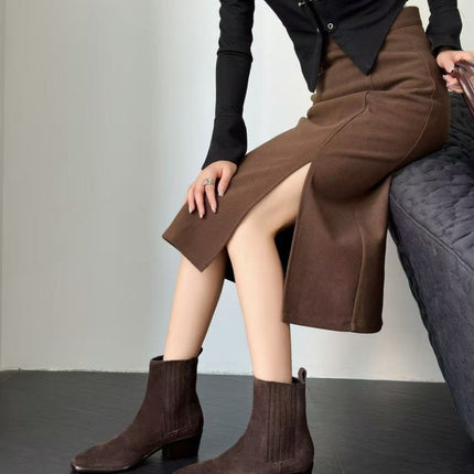 Women’s Retro Square-Toe Mid-Heel Chunky Leather Boots