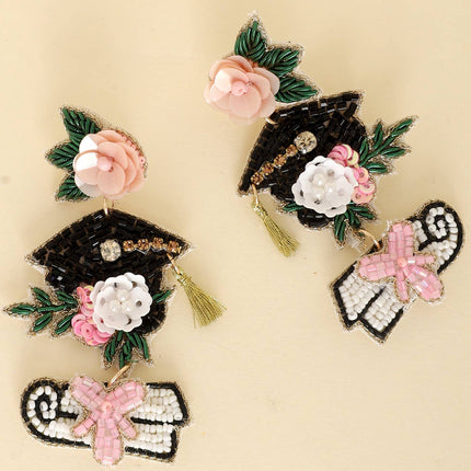 Floral Graduate Cap Diploma Sequin Beaded Earrings