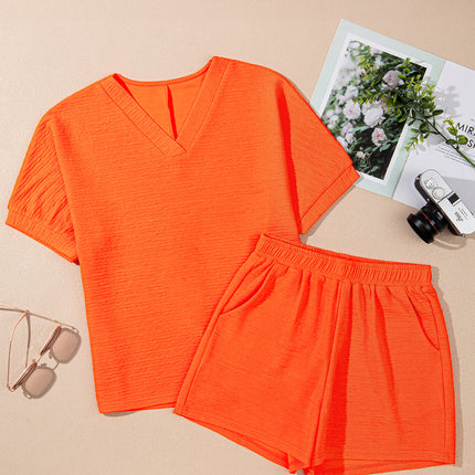 Luxury Textured V Neck T Shirt and Shorts Set