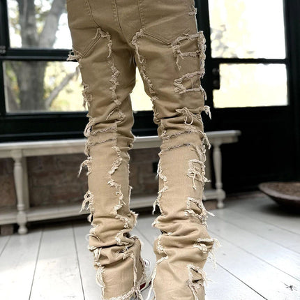 Patched Pants Long Tight Fit Stacked Jeans