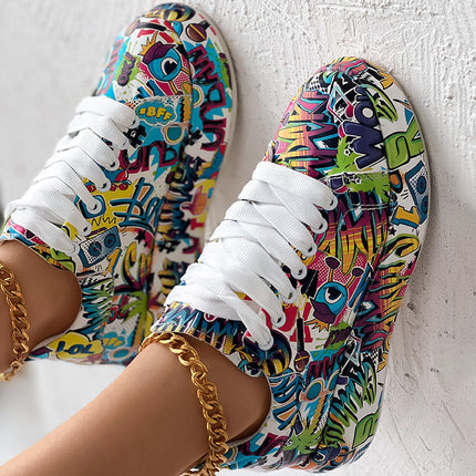 Round-Toe Thick-Sole Lace-Up Sneakers — Women’s Casual Print Shoes