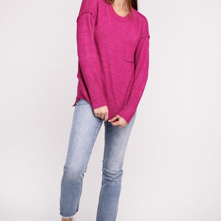 Melange Hi-Low Hem Round Neck Sweater