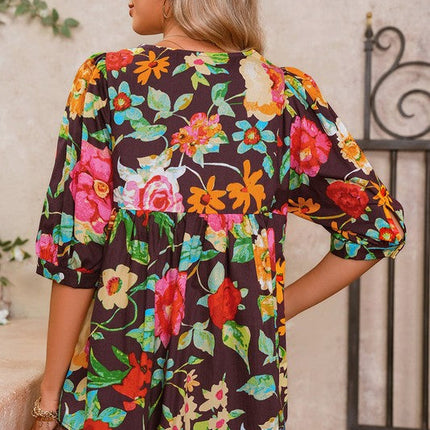 Gray Flower Embroidered Trim Half Sleeve Blouse