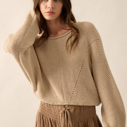 Solid Rib-Knit Dolman-Sleeve Sweater: Oatmeal