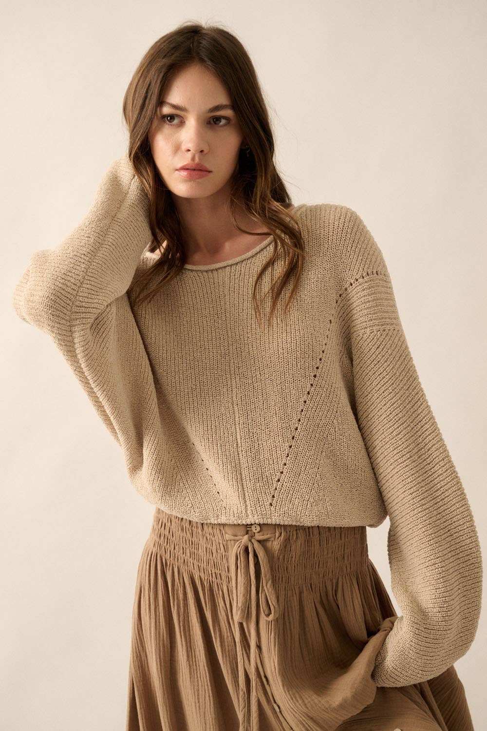 Solid Rib-Knit Dolman-Sleeve Sweater: Oatmeal