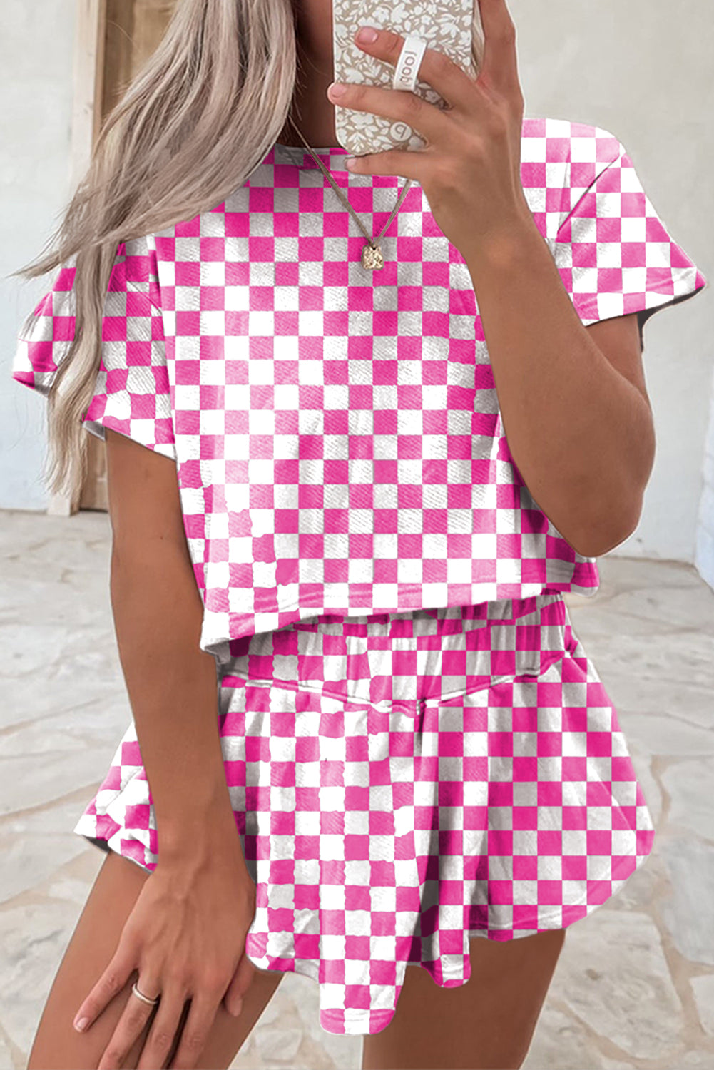 Luxury Checkerboard T Shirt and High Waist Skorts Set