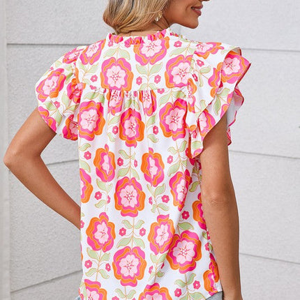 Rose Boho Floral Print Ricrac Ruffle Sleeve Blouse