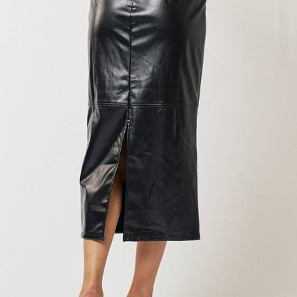 Black High Waist Leather Midi Skirt