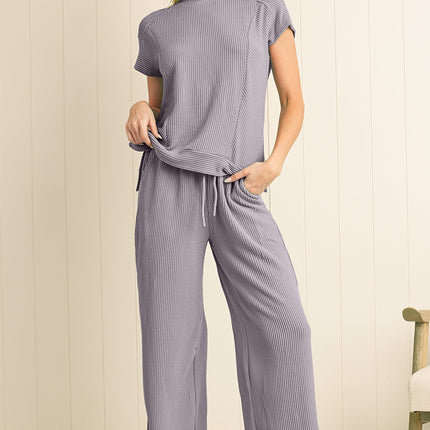 Luxury Solid Corded Short Sleeve T Shirt And Wide Leg Pants Set
