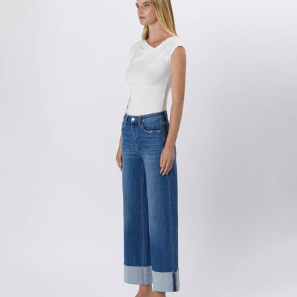 High Rise Cuffed Ankle Wide Leg Jeans
