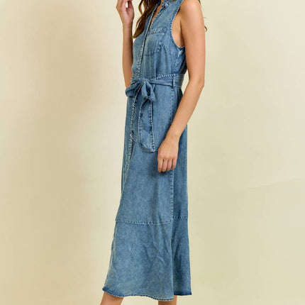 Denim Look Midi Dress with Tie Belt