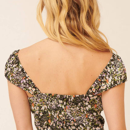 Floral Sweetheart Cap Sleeve Button Front Top