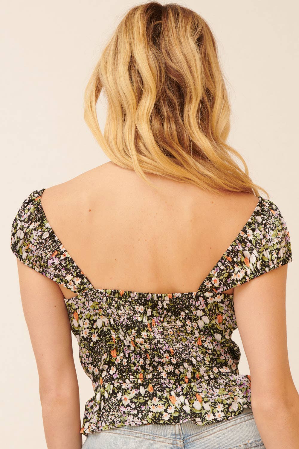 Floral Sweetheart Cap Sleeve Button Front Top