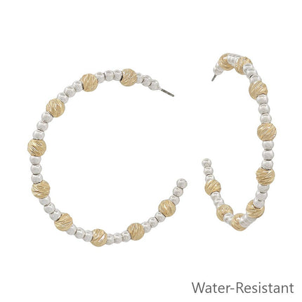 Silver Beaded w/ Gold Textured Accent Hoop Earring