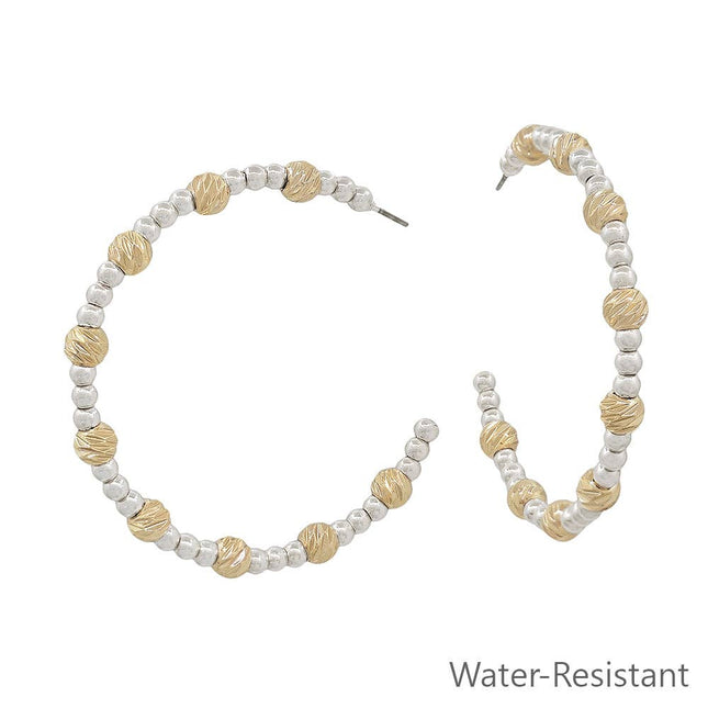 Silver Beaded w/ Gold Textured Accent Hoop Earring