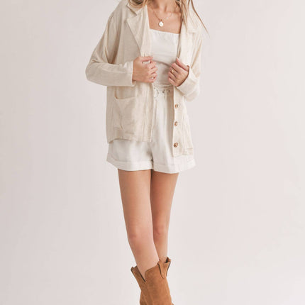 Linen Blend Jacket With Pockets: OATMEAL