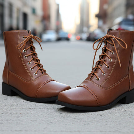 Women’s Lace-Up Square Toe Motorcycle Boots – Comfortable Outdoor Riding Boots