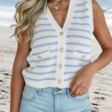 Striped V Neck Gold Button Sweater Vest