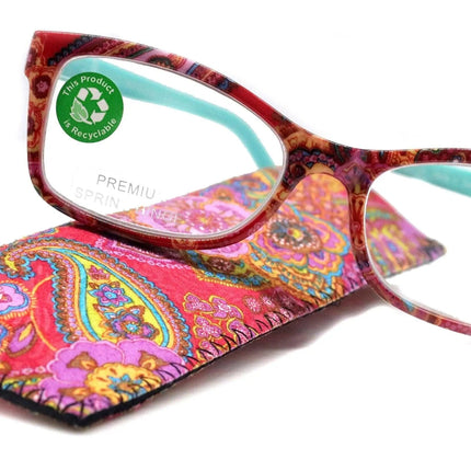 Frida, (Premium) Reading Glasses, High End Readers +1.25 ..+3 magnifying Eyeglasses, Square Optical Frame (Fuchsia) Paisley. NY Fifth Avenue