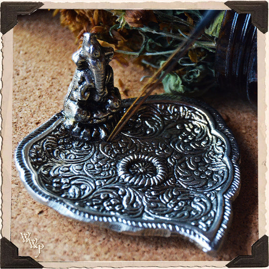 GANESHA BOHEMIAN INCENSE BURNER. Aluminum Dish. Incense Stick & Cone Holder.