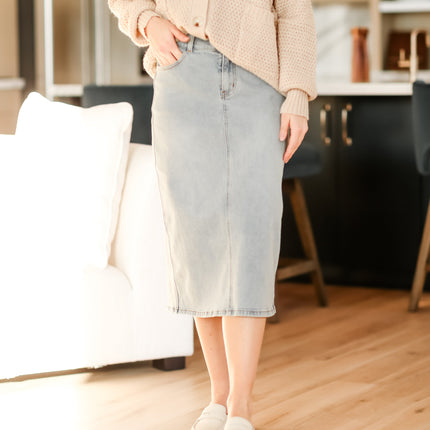 Greta Light Wash Midi Denim Skirt