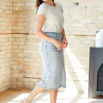 Greta Light Wash Midi Denim Skirt