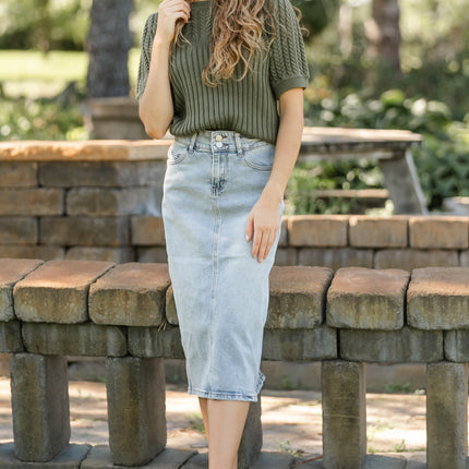 Greta Light Wash Midi Denim Skirt