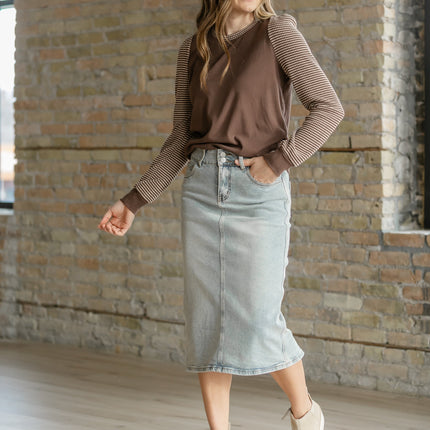 Greta Light Wash Midi Denim Skirt