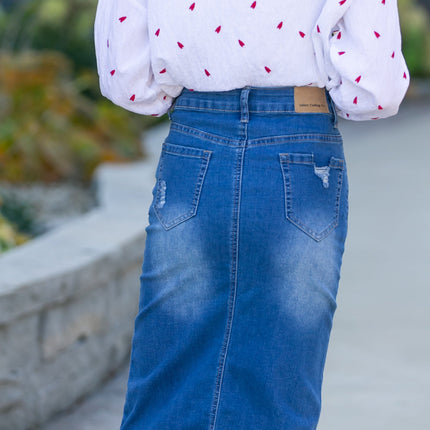 Hadley High Rise Denim Midi Skirt