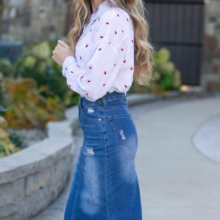 Hadley High Rise Denim Midi Skirt