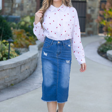 Hadley High Rise Denim Midi Skirt