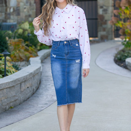 Hadley High Rise Denim Midi Skirt