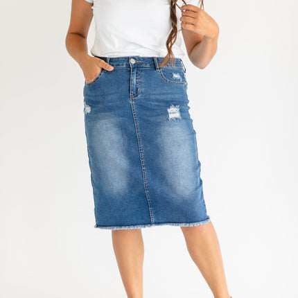Hadley High Rise Denim Midi Skirt