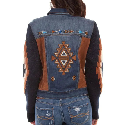 Honey Creek Aztec Embroidery - Womens Sweater Sleeve Denim Jacket