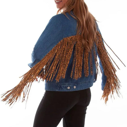 Honey Creek Denim with Leopard Fringe - Womens Jacket