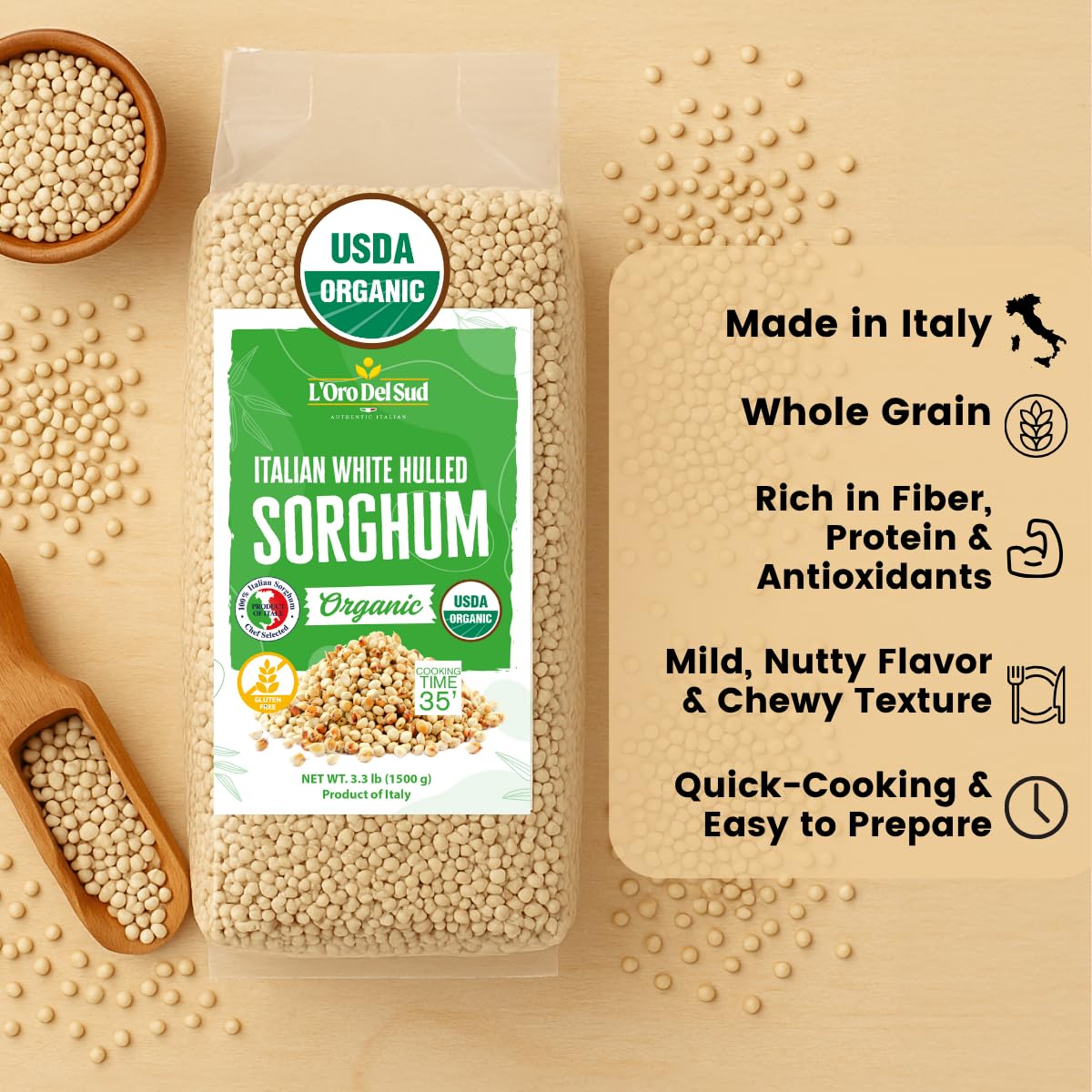 L’Oro Del Sud, Organic Italian White Hulled Sorghum, 52.9 oz (1.5 kg)